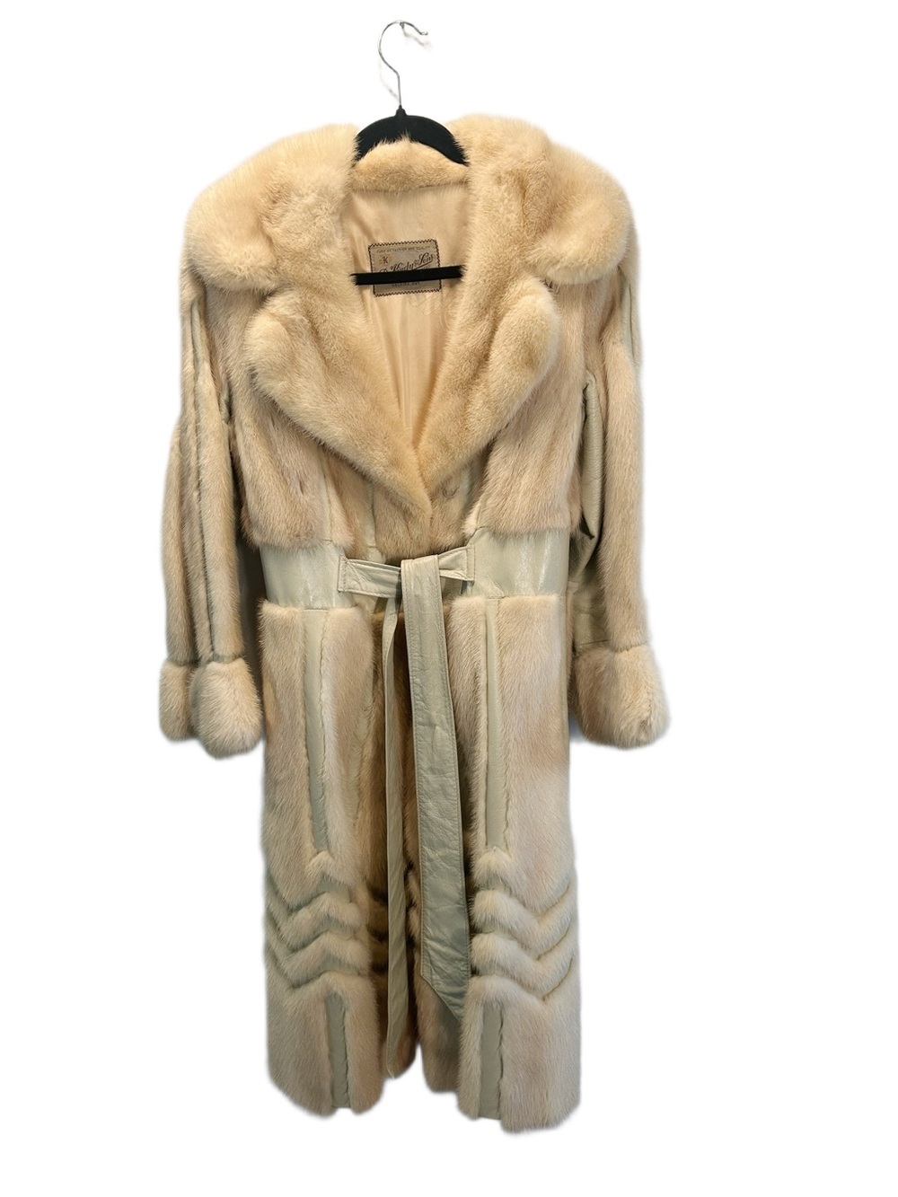Women's Cream Full-Length Fur Coat with Waist Tie